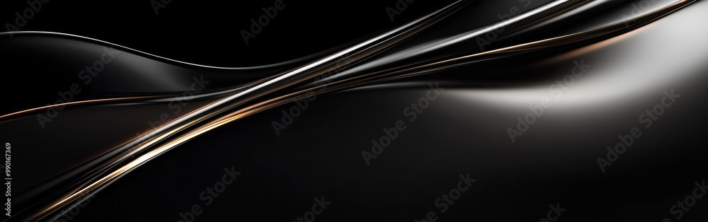 Poster abstract black waves with golden highlights flowing smoothly in a dark background, creating a sense 