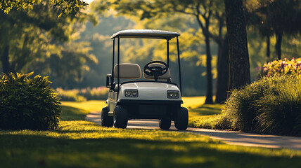 Obraz premium A golf cart parked on a sunny path surrounded by lush greenery in a serene golf course setting