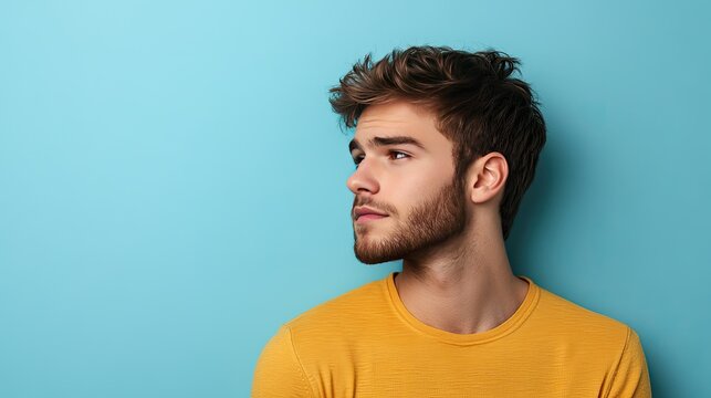 Casual young man looking sideways with a thoughtful expression, against a minimalist light blue backdrop, capturing a sense of quiet reflection and focus.