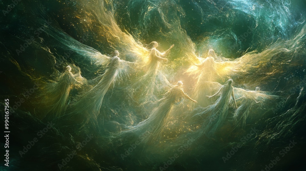 Poster five ethereal figures with glowing wings emerge from a celestial background, creating a mystical atm