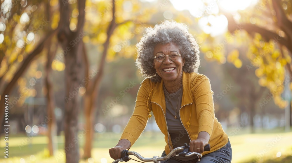 Poster a woman with a yellow jacket is smiling while riding a bicycle