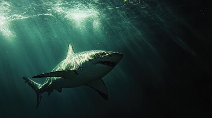 Fototapeta premium Close-up of a Great White Shark Underwater, Showcasing its Power and Predatory Nature in the Deep Ocean