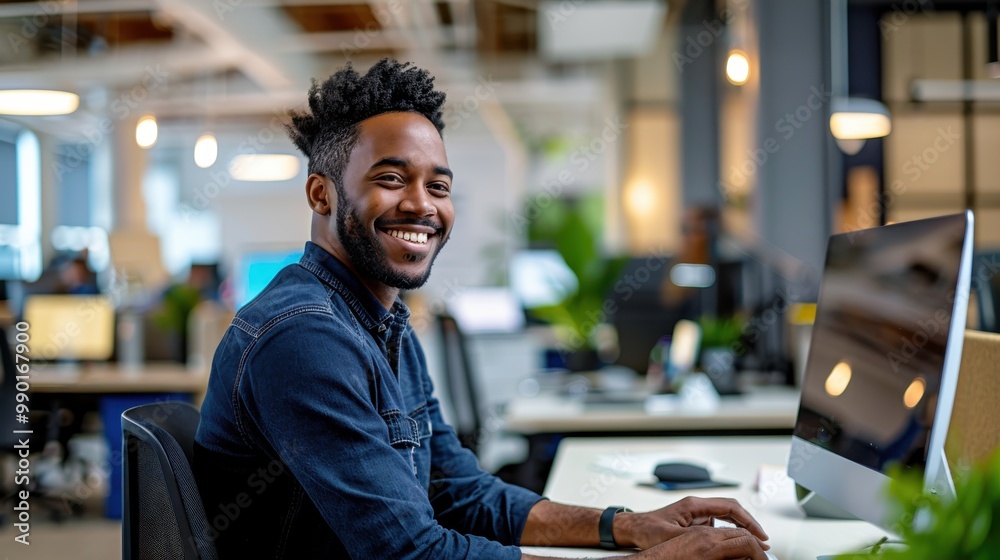 Aufkleber A smiling black man is sitting at a desk in front of a computer monitor