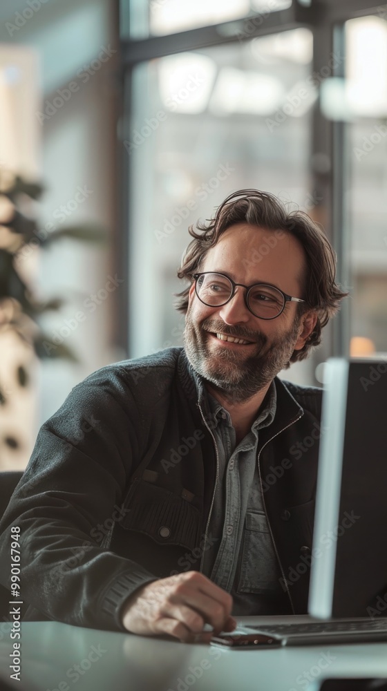 Aufkleber a man wearing glasses is smiling and sitting in front of a computer