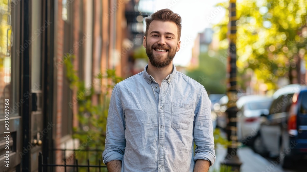 Fototapete a man with a beard is smiling and standing in front of a building