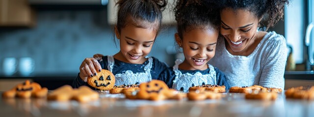 black , african american children and mother make Halloween cookies with smiling faces. fun, creative holiday activity. joyful family concept. banner