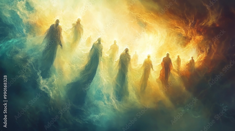 Poster ethereal figures emerge from a luminous cloud in a dreamlike landscape, capturing a moment of transc