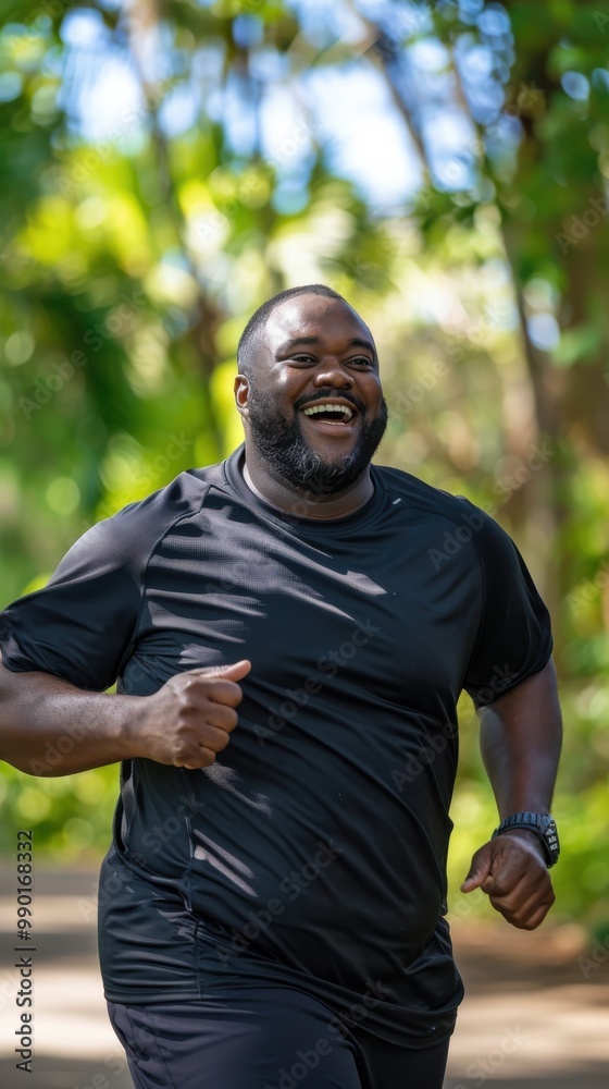 Poster a man is running in a park and smiling