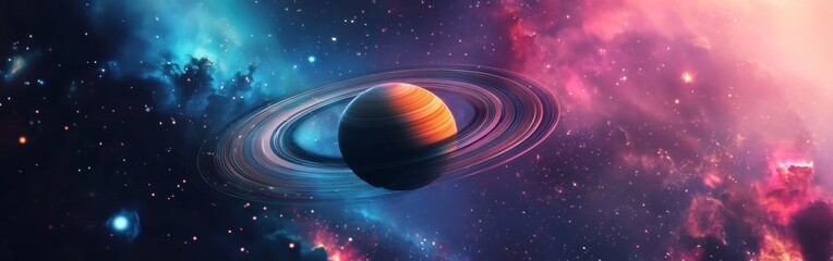 Vibrant depiction of Saturn surrounded by colorful cosmic clouds in the vastness of space during a stunning astral display