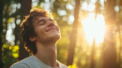 Young man enjoying the warm sunlight while standing in a peaceful forest during the golden hour in the late afternoon
