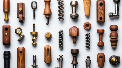 Obraz premium A collage of corkscrews in different styles, creatively arranged on a white background, with strong shadows and highlights for a dramatic effect