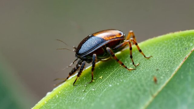A tick is perched on the edge of a green leaf, showcasing its detailed features and textures. The sunlight highlights its shiny body, emphasizing its presence in the lush environment