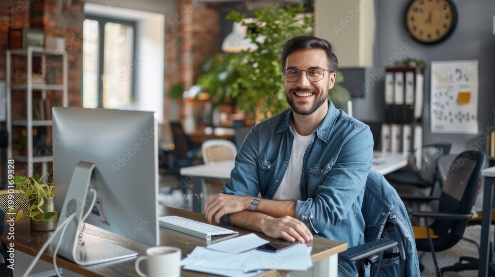 Poster a man is sitting at a desk with a computer monitor