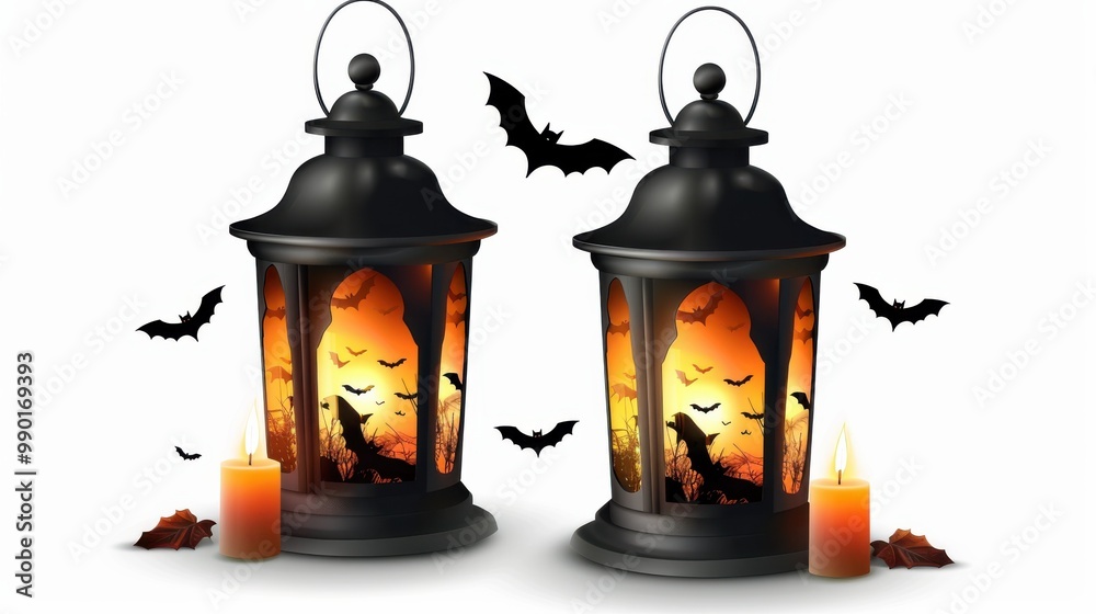 Poster Two lanterns with bats on them and candles in front of them