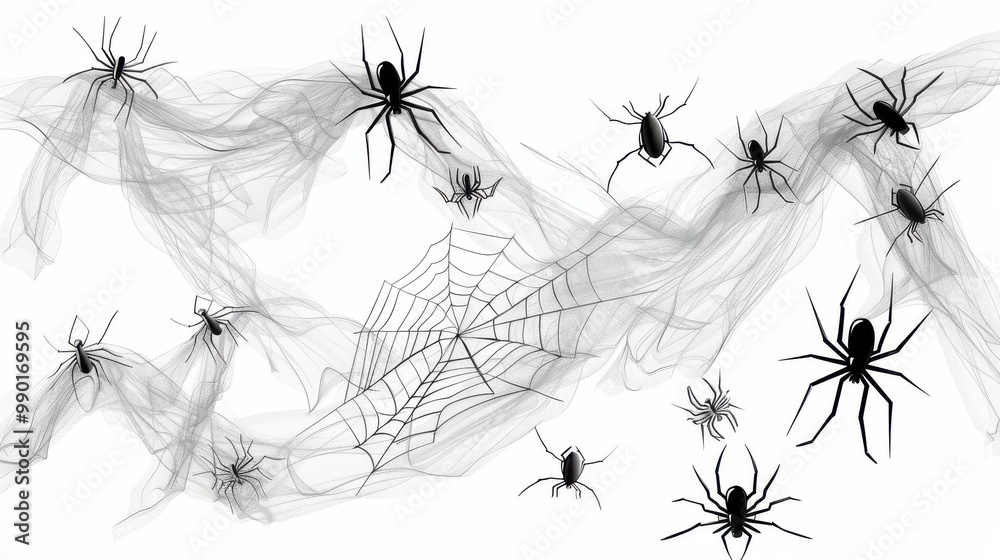 Poster a spider web with many black spiders on it