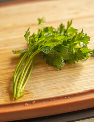  Bunch of Fresh Parsley on a Cutting Board Close-Up