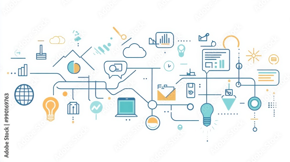 Poster Visual representation of digital innovation featuring various technology-related icons and elements in a modern design
