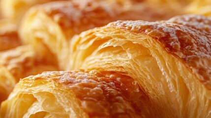 Freshly baked croissants with flaky layers highlighted in warm golden tones, showcasing a delicious pastry