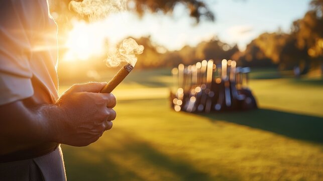 A golfer carefully uses a cigar cutter under the bright sunlight, with golf clubs in the background, green grass stretching behind, capturing a luxurious moment