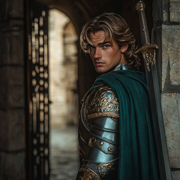handsome 24 year old male in ancient armor with green cape, holding and ancient longsword looking back over shoulder softly smiling, standing in an ancient castle
