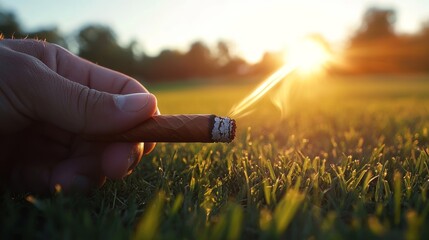 A golfer's hand, cigar cutter snapping in the sunlight, focus on the cutting motion, smooth skin tone contrast with dark grass and bright sky