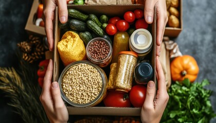 Fresh produce and canned goods in a box held by two hands, representing healthy food delivery and community support.
