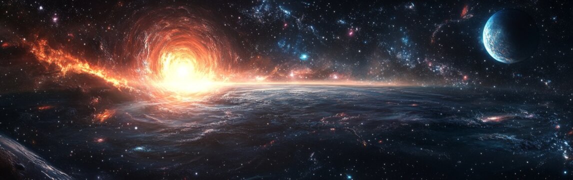 Stunning cosmic vista showcasing a vibrant burst of energy from a celestial body in deep space with a distant planet nearby
