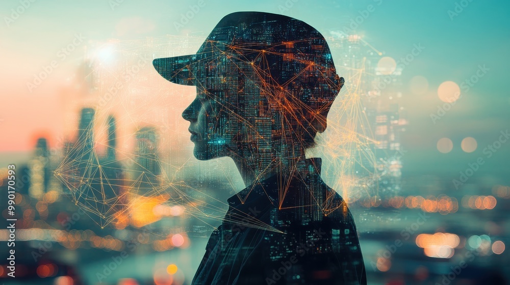 Poster a profile of a person wearing a cap against a city skyline with digital connections glowing in the b