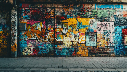 A graffiti-covered urban wall, showcasing vibrant colors, bold lines, and an edgy, artistic vibe