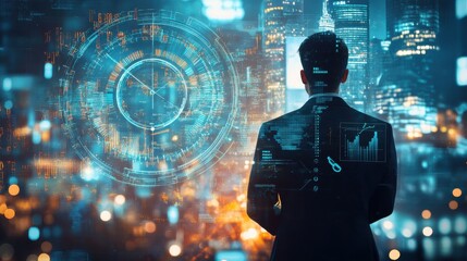 Business professional analyzing digital data against a city skyline during night with glowing technology interfaces