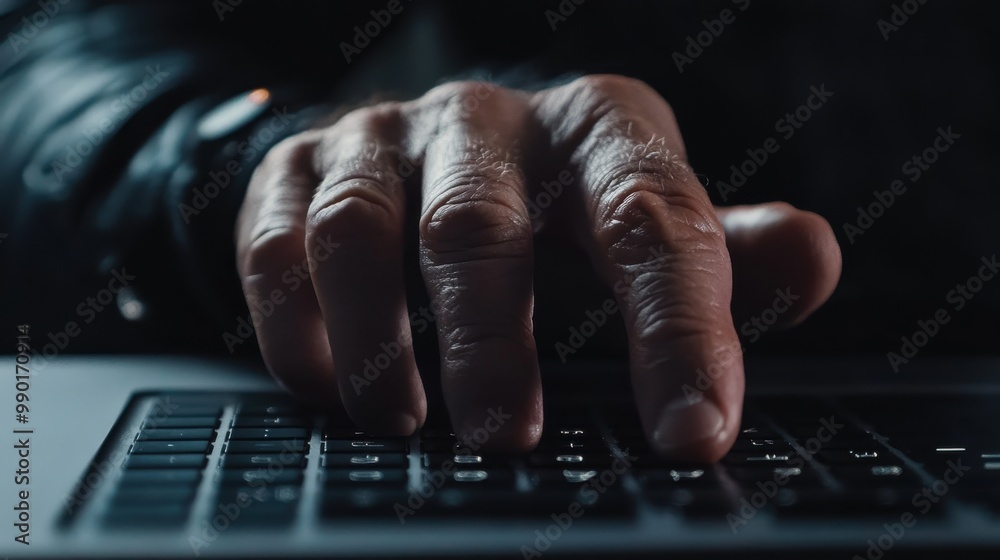 Poster close-up of a hand typing on a laptop keyboard in a dimly lit room during late night work or study s