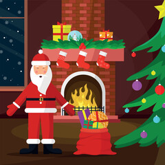 Happy Santa Claus with gifts near the fireplace. Christmas interior decoration concept.