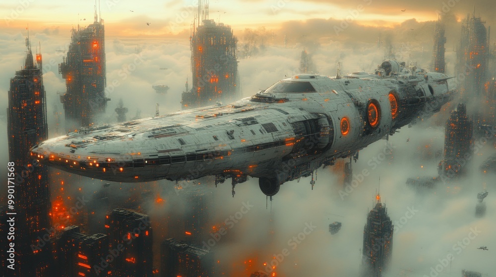 Canvas Prints Futuristic Cityscape with Hovering Spaceship