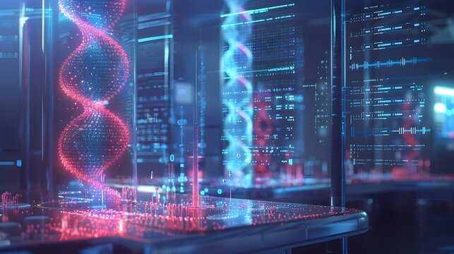 Futuristic DNA Storage Lab with Holographic Data Transfer Display Visualizing Genetic Coding and Digital Information