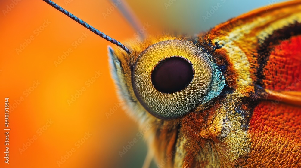 Poster close-up of a colorful butterfly's eye showcasing intricate details and vivid textures in a vibrant 
