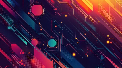 Abstract digital art featuring vibrant geometric shapes and lines in a futuristic design on a dark background