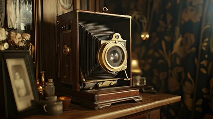 Classic bellows camera with a brass lens, standing on a wooden shelf next to antique items, softly lit to highlight its historical value