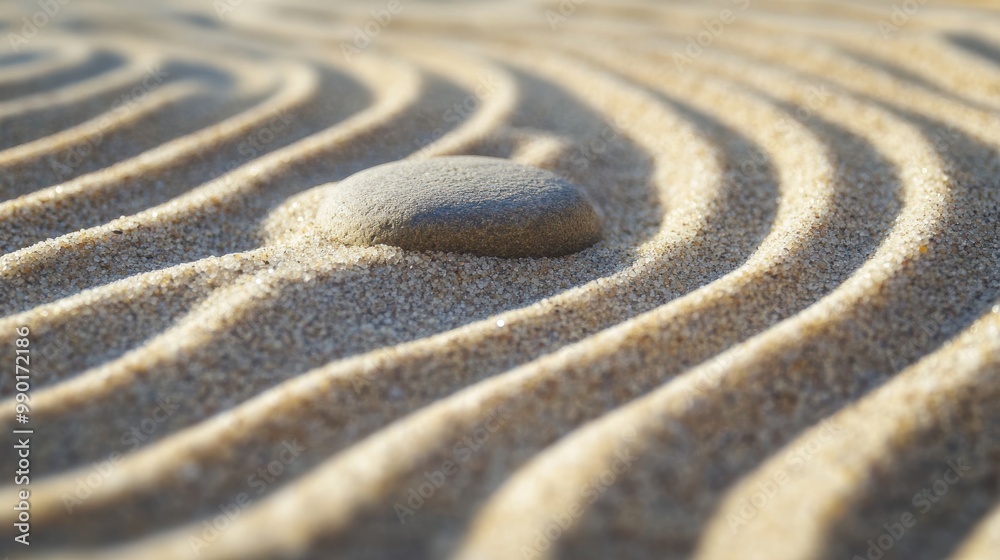 Poster ripples of sand create a serene landscape around a smooth stone on a sunny day