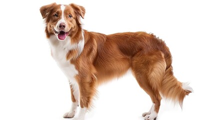 Fototapeta premium A charming dog standing on a pristine white background. The dog has an endearing expression and a confident stance. Its fur might be soft and shiny. The white background makes the dog stand out promin