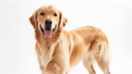 Fototapeta premium A charming dog standing on a pristine white background. The dog has an endearing expression and a confident stance. Its fur might be soft and shiny. The white background makes the dog stand out promin