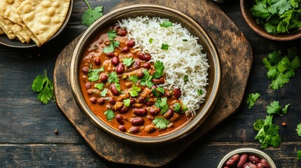 Classic North Indian meal of Rajma Chawal, with kidney beans in a spicy curry served alongside fluffy boiled rice. Fresh coriander adds a pop of color.