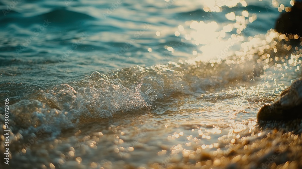 Aufkleber gentle ocean waves lap at the sandy shore during sunset, creating a serene atmosphere on a tranquil 