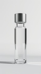 A clear bottle with a silver cap sits on a white background
