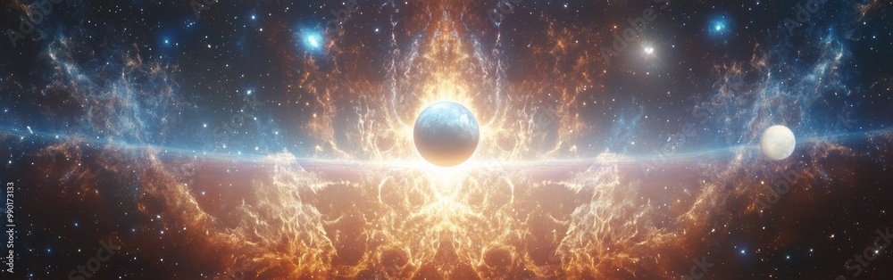 Poster a captivating view of a cosmic event featuring vibrant clouds and celestial bodies in the depths of 
