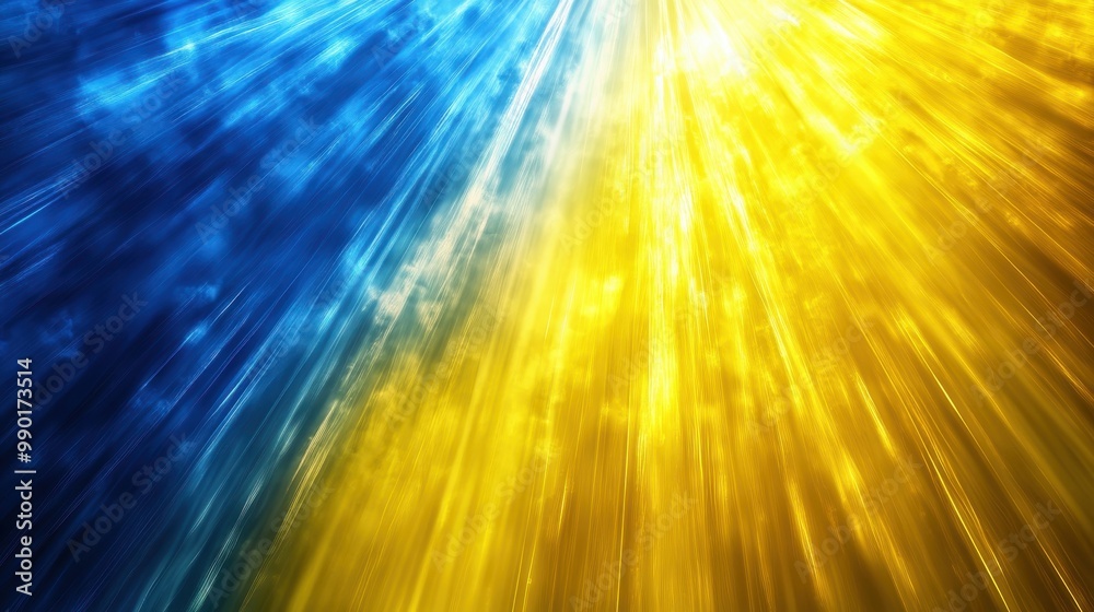 Poster vivid explosion of blue and yellow light rays radiating outward, creating an energetic atmosphere in