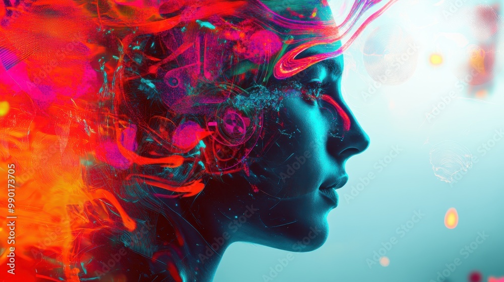 Poster a vibrant abstract representation of a woman's profile with a colorful explosion of artistic element