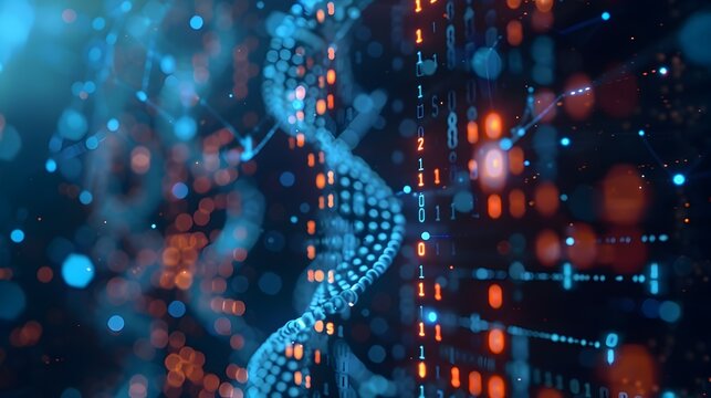 Close up of a DNA strand with embedded binary code symbolizing genetic data storage capacity