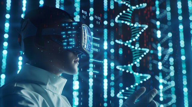 Futuristic Lab Technician in Headset Navigating Digital DNA Storage Database Accessing Encoded Data for Biotechnology Research