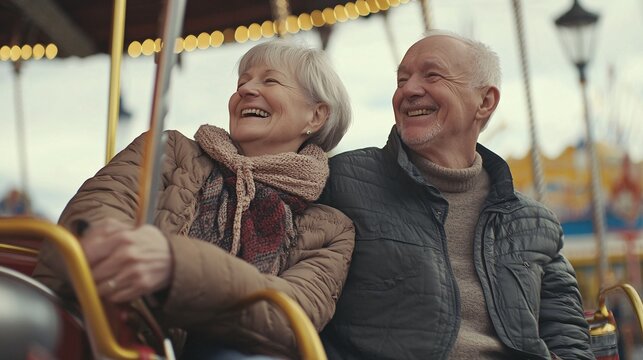 A joyful elderly couple enjoying a ride together, filled with laughter and warmth, showcasing the beauty of companionship.