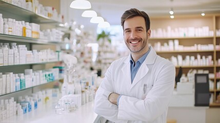 Smiling pharmacist stands confidently in a modern pharmacy filled with various health and beauty products during daylight hours